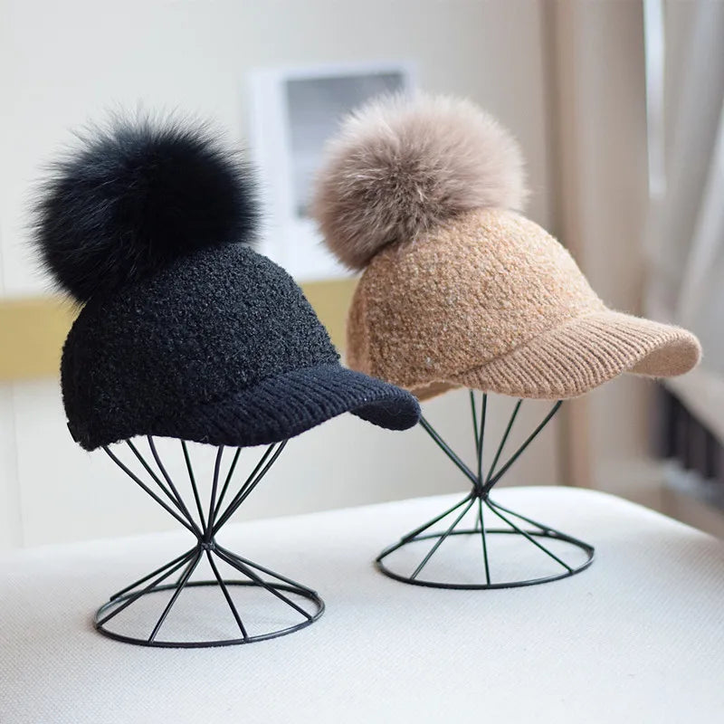 Casquette de baseball unisexe tendance pour femme, chapeau d'hiver en polaire d'agneau, pompon en fourrure de luxe, style hip-hop, chaud, pour l'extérieur