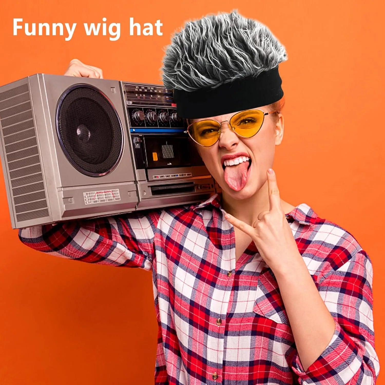 Grey Spiked Straight Fake Hair Wig Hat, Novelty Funny Integrated Hair Beanie Cap for Men Women, Elastic Stretch Headband Hip Hop Costume Wig Headwear for Party Cosplay