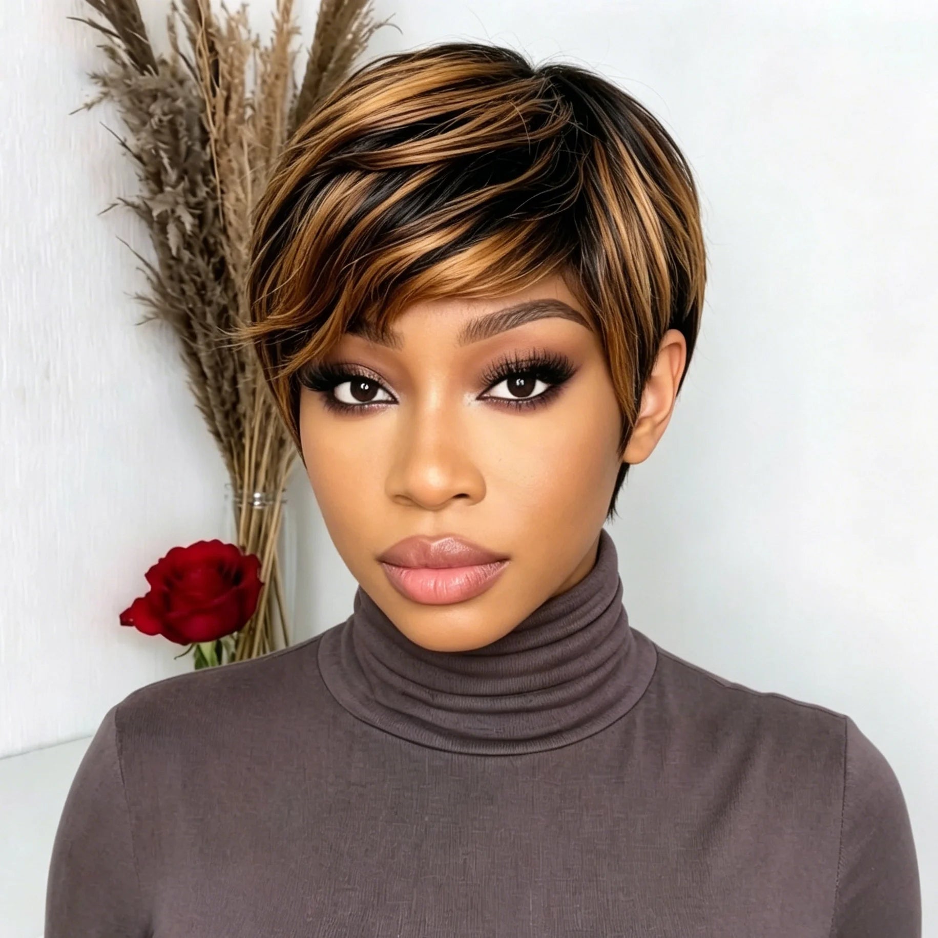 1B30 Short pixie cut Wig Human Hair with Bangs Full Machine Wigs for Women