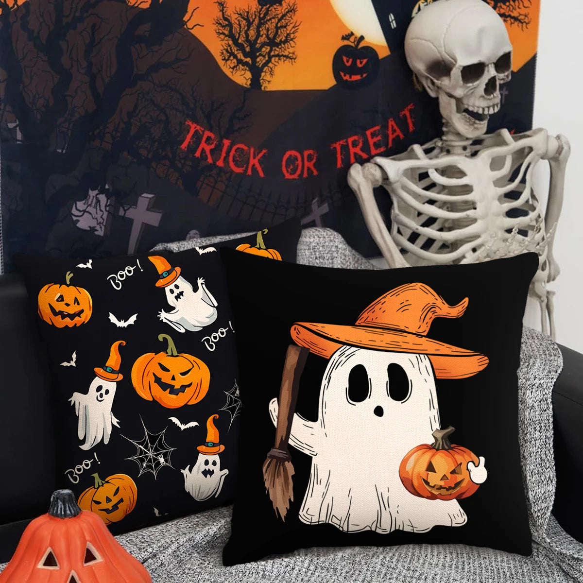 1 ud./4 Uds. Funda de almohada decorativa de Halloween, funda de cojín de truco o trato, fantasma, cabeza de calabaza, funda de cojín de sofá con decoración de murciélago