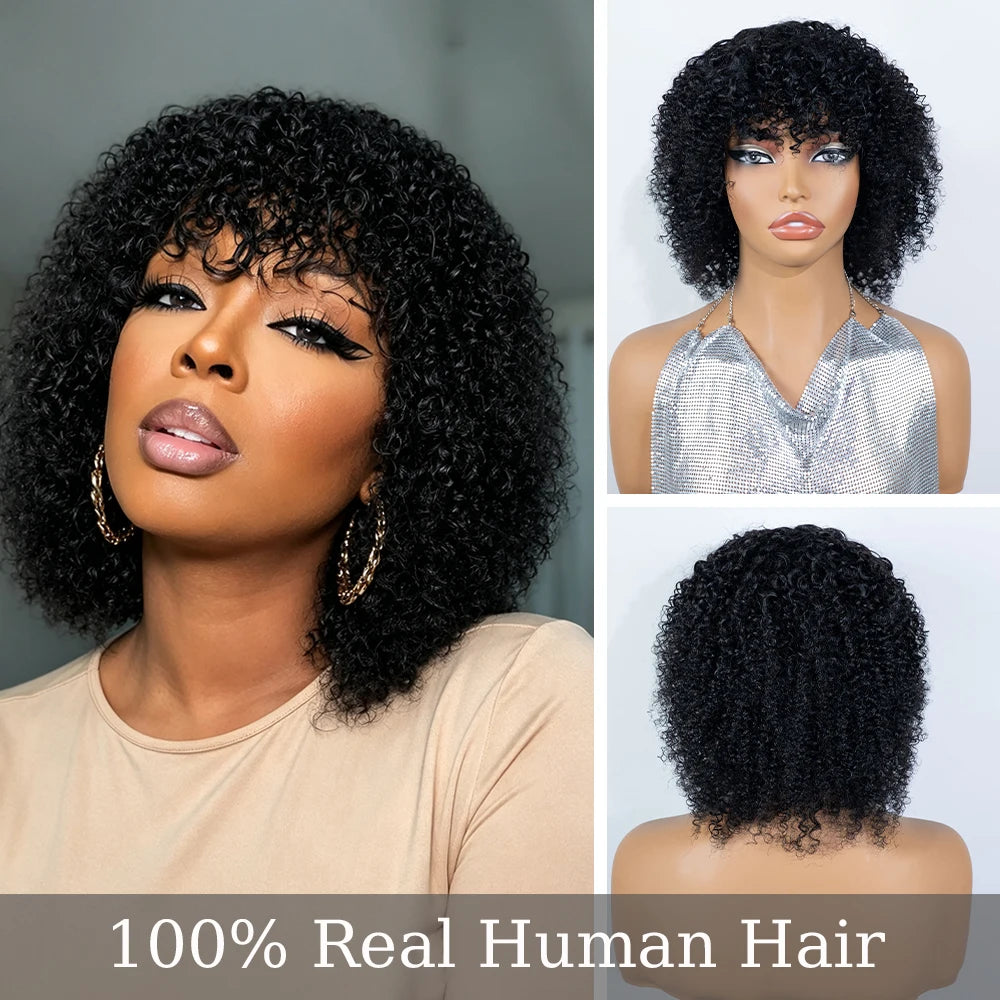 Short Jet Short Black Fluffy Kinky Afro Curly Virgin Human Hair Bob Wig with Full Bangs, Thick Tight Spring Small Curly Real Hair Bob Wig,Full Machine Made for Daily Wedding Club Cosplay Photoshoot