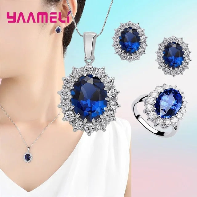 Juegos de joyería de compromiso para boda de mujer, 100% auténticos, de plata de ley 925, diseño clásico de flor ovalada con circonitas cúbicas brillantes