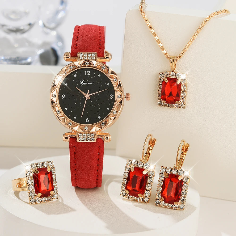 Relojes de mujer, juego de 5 piezas, lujoso, con diamantes de imitación, a la moda, elegante, de cuarzo, para niña, regalo con pulsera