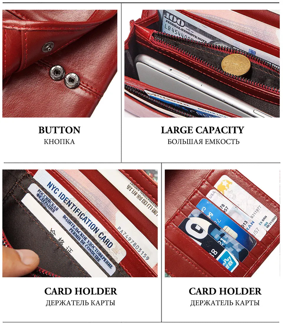 KAVIS Cartera de cuero genuino de marca de lujo para mujer, embrague largo con bolsa para teléfono celular, RFID, moda, rojo, tarjetero, bolso