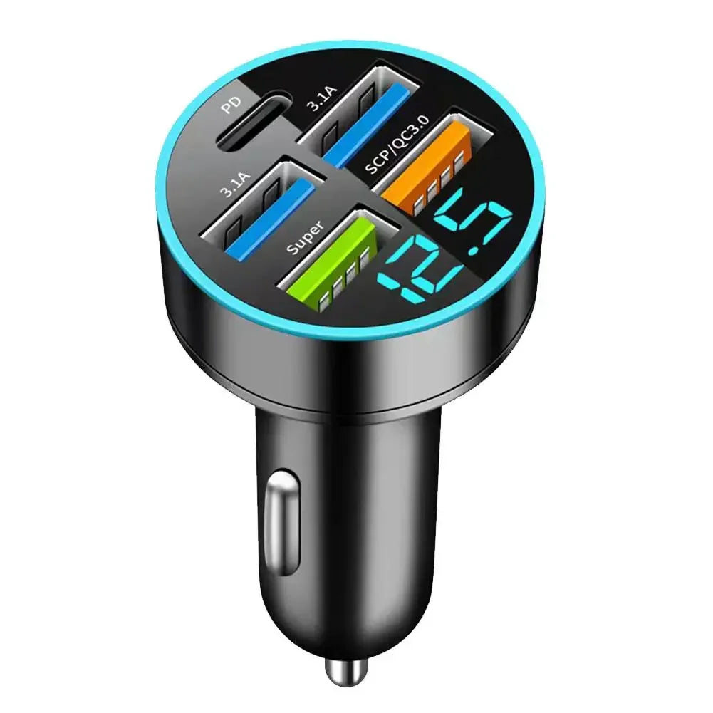 250W PD Car Charger QC3.0 Fast Charge One to Six Car Cigarette Lighter Plug 5 Port Car Charger Flash Charge with Digital Display