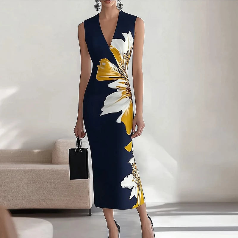 Elegant Sleeveless Bodycon Dress – V-Neck, Long & Perfect for Parties or Office