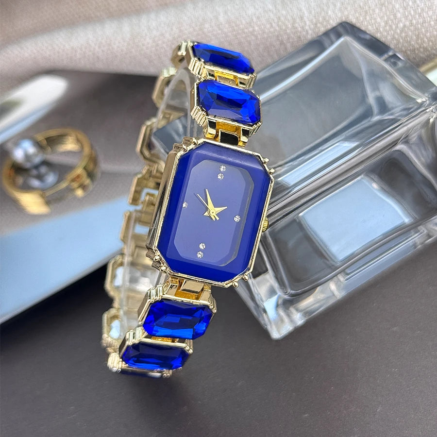 reloj de señora estilo europeo y americano de moda con esfera de diamantes de imitación, caja rectangular de color con cadena de diamantes de imitación, sección grande de mujer