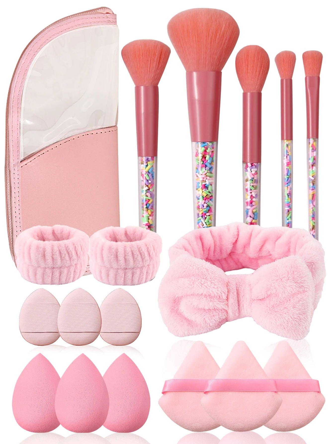 Kit d'outils de maquillage de la sĂ©rie rose, pinceaux de maquillage de fĂȘte, Ă©ponges estompeuses et sac de rangement, serre-tĂȘte Ă nĆud papillon, bracelets