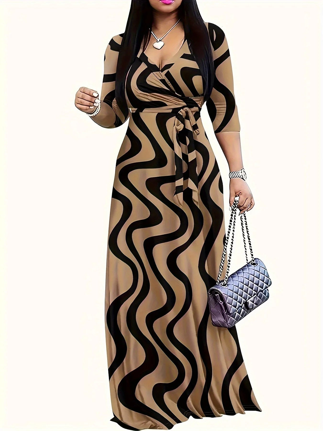 Vestido con estampado de moda para mujer, informal, sexy, con cuello en V profundo, con cordones, suelto, Robe Femme, ropa de mujer para vacaciones de verano