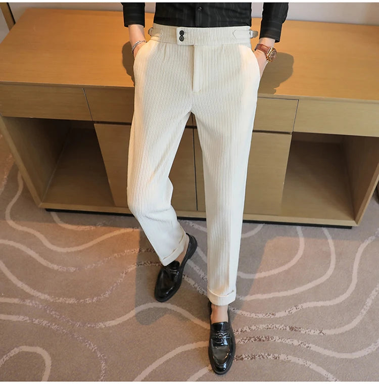 Nuevo pantalón informal de cintura alta de felpilla napolitana de lujo ligero para hombres, pantalón de vestir para hombres de ajuste delgado con sensación premium, pantalón
