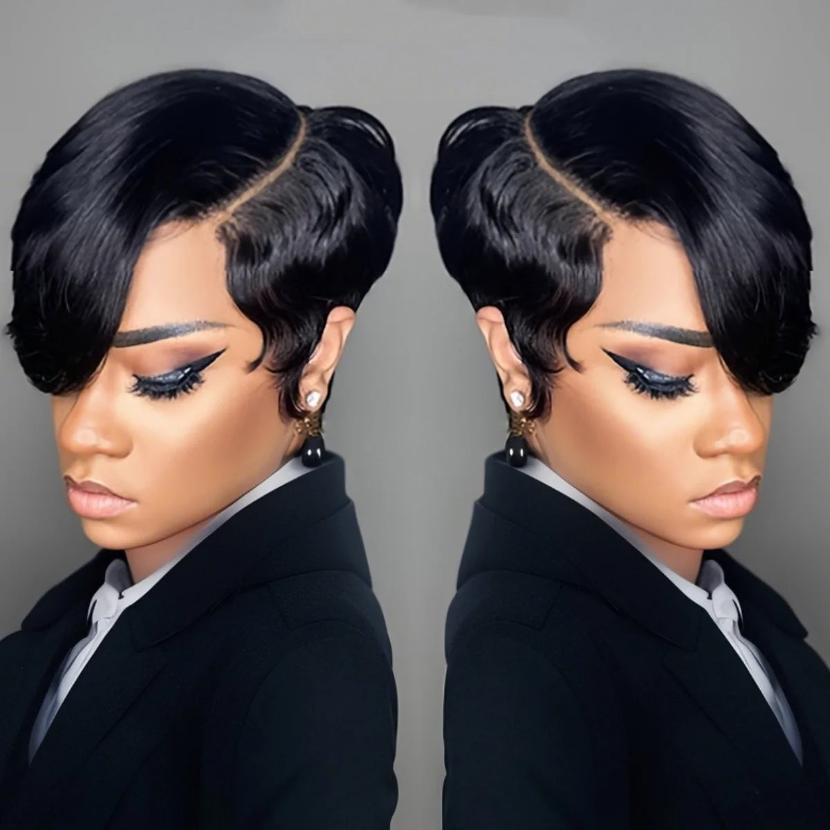 Short Pixie Cut Human Hair Wig – Natural Black with Layered Bangs