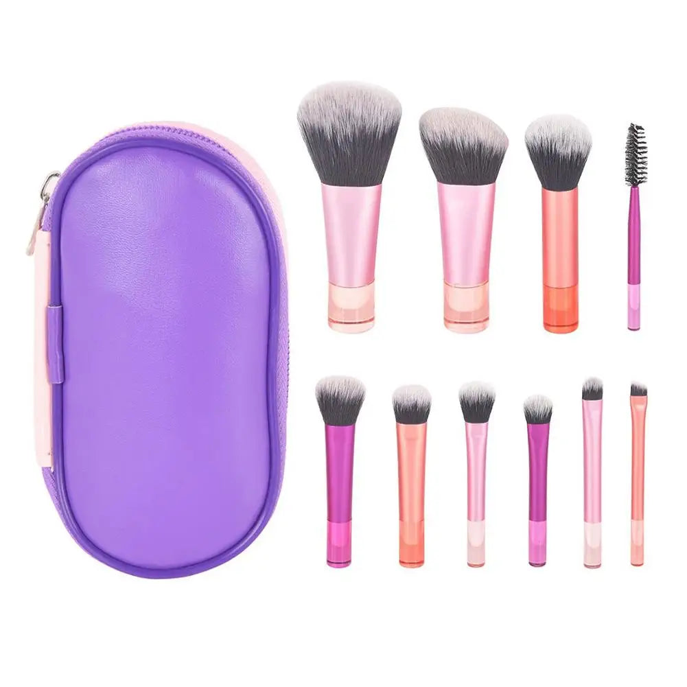 Set de 10 mini brochas de maquillaje para principiantes, brochas para base y corrector de ojos, brochas cosméticas de viaje con estuche portátil