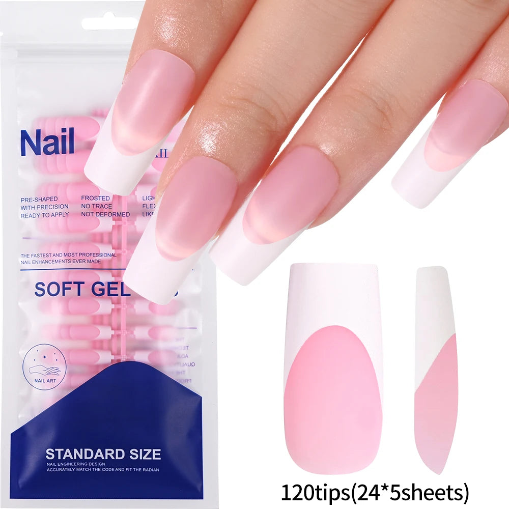120 Uñas postizas acrílicas hechas a mano con diseño de ataúd de color rosa ombré, brillo, diseño degradado, artificiales