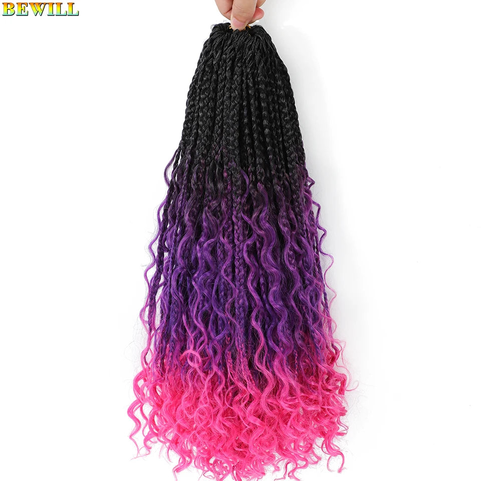 18" Long Boho Braids Extensions Goddess Box Braids Crochet Hair Black Purple Pink Synthetic Braiding Hair Bohemian Hippie Braids