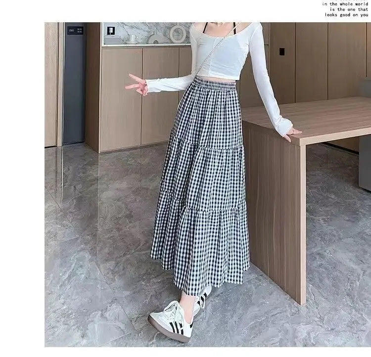 Jupe patchwork à volants pour femme, style vintage, à carreaux, taille haute, élastique, amincissante, mi-longue, été