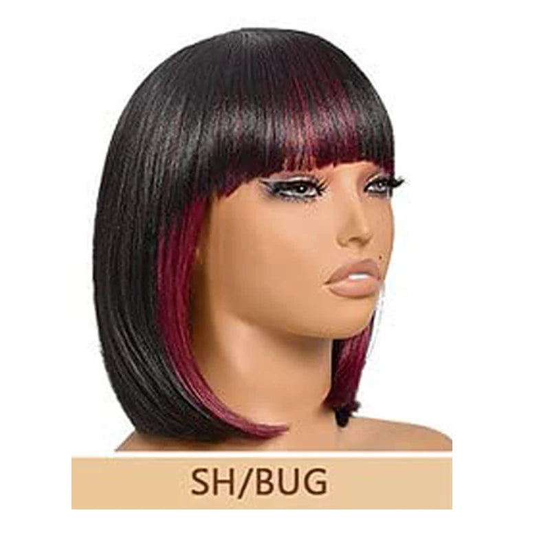 Bob Wig With Bangs - 14 Inch Peek-a-boo Color Short Bob Wig For Black Women Black Mix Brown Daily Costume Wigs, Light Synthetic
