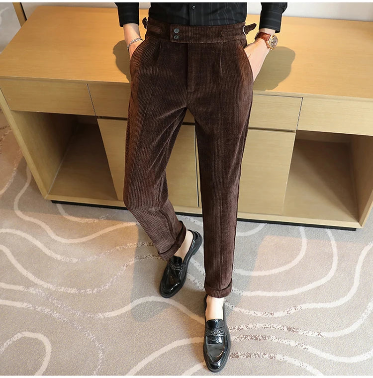 Nuevo pantalón informal de cintura alta de felpilla napolitana de lujo ligero para hombres, pantalón de vestir para hombres de ajuste delgado con sensación premium, pantalón