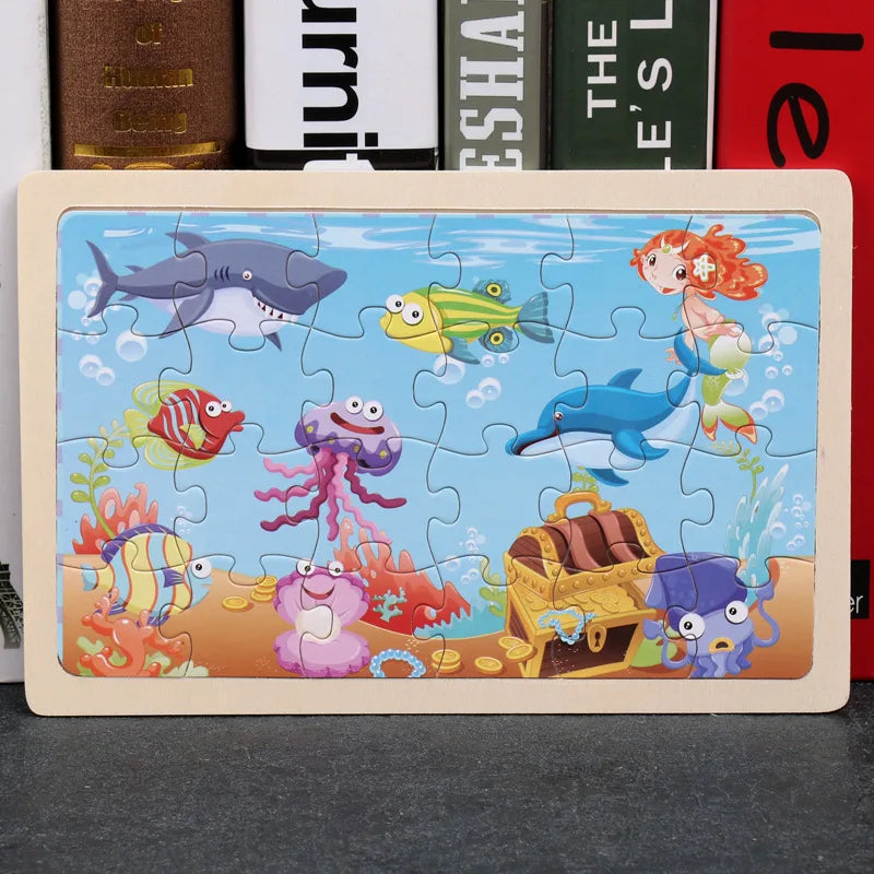 Rompecabezas de madera de 24 piezas para niños, diseño de animales de dibujos animados, juguete educativo temprano de madera para niños, regalo