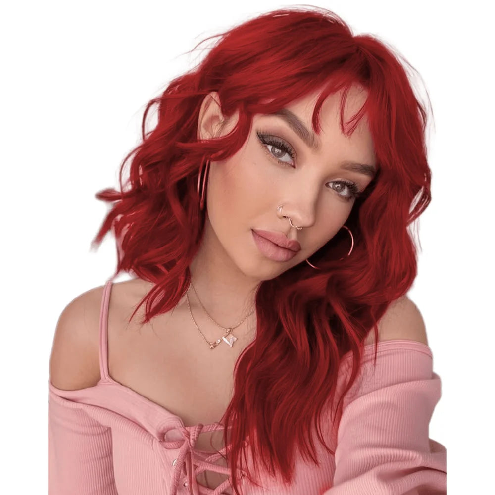 Red Wavy Wigs with Bangs Women’s Short Red Bob Wig Synthetic Natural Looking Heat Resistant Fiber Hair