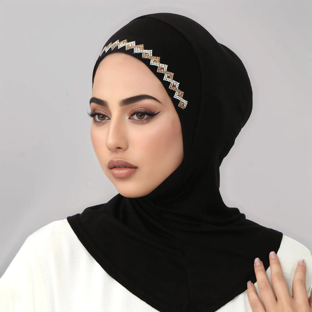 Nuevo hiyab instantáneo con pedrería brillante para mujer musulmana, cobertura total, gorro de algodón sólido, listo para usar, gorro interior