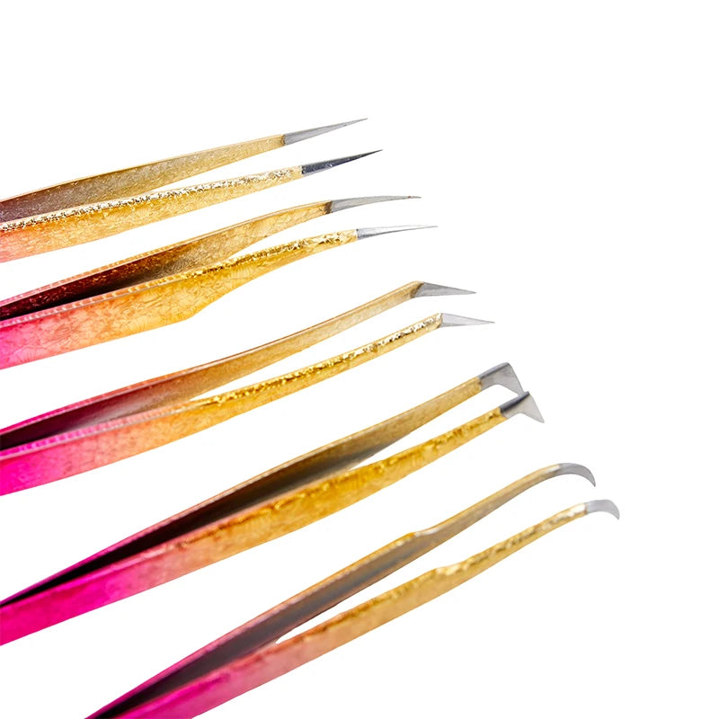 Pinzas para extensiones de pestañas de acero inoxidable de color degradado, pinzas de precisión antiestáticas, herramienta para extensión de pestañas