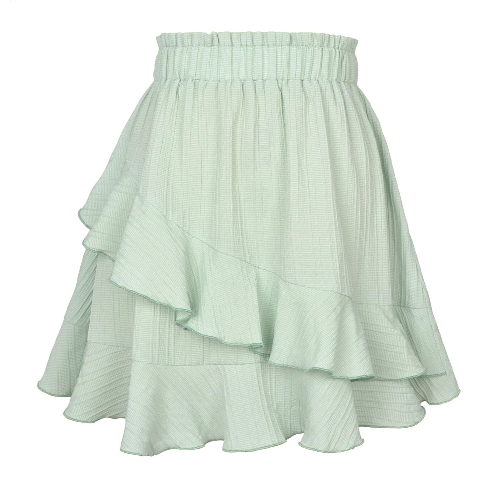 Falda de mujer de moda con volantes, falda corta de cintura alta de color liso irregular, falda de mujer de moda de color liso