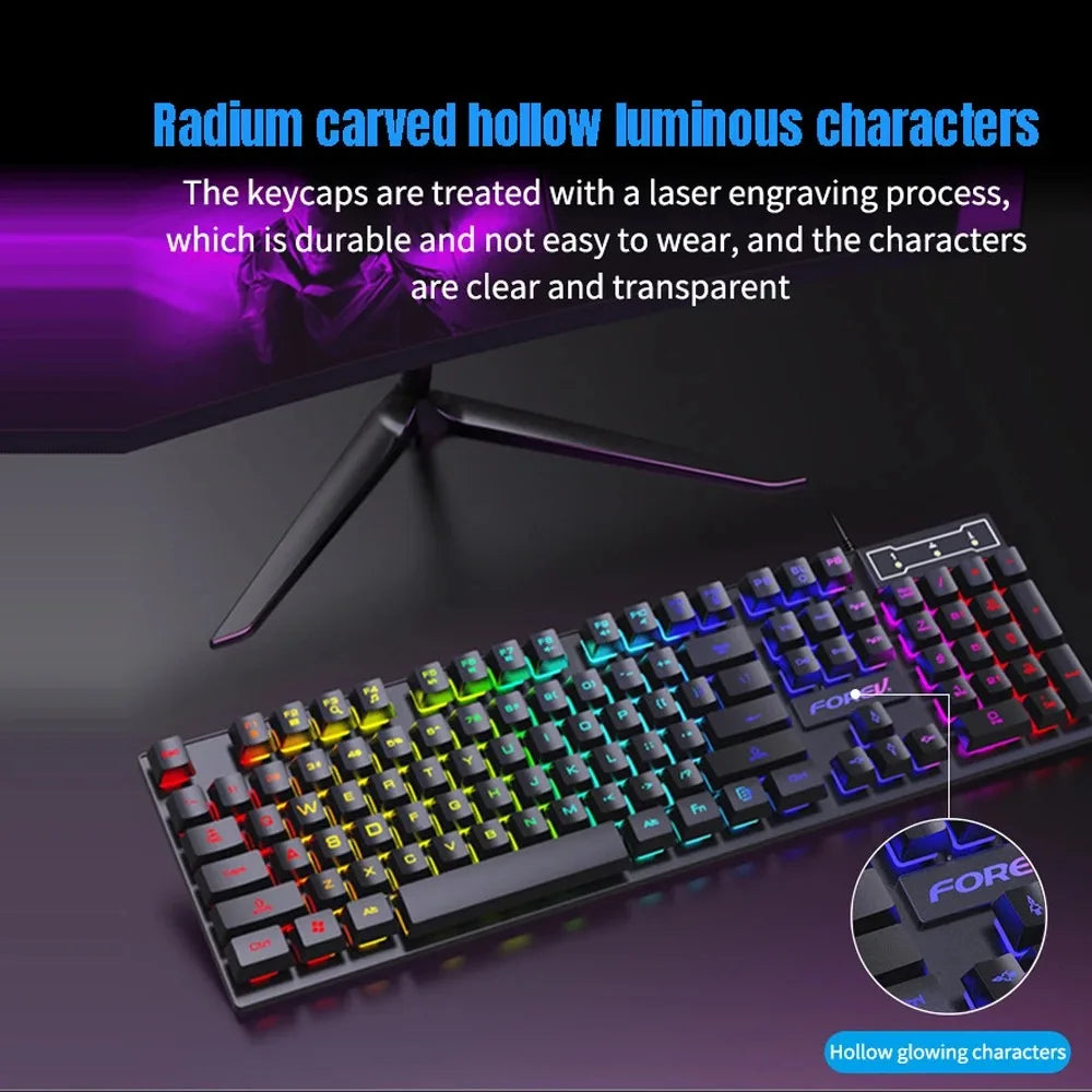Teclado mecánico retroiluminado de 104 teclas, teclado de juego con cable, teclado luminoso resistente al agua y juego de ratón para PC, portátil, oficina para jugadores