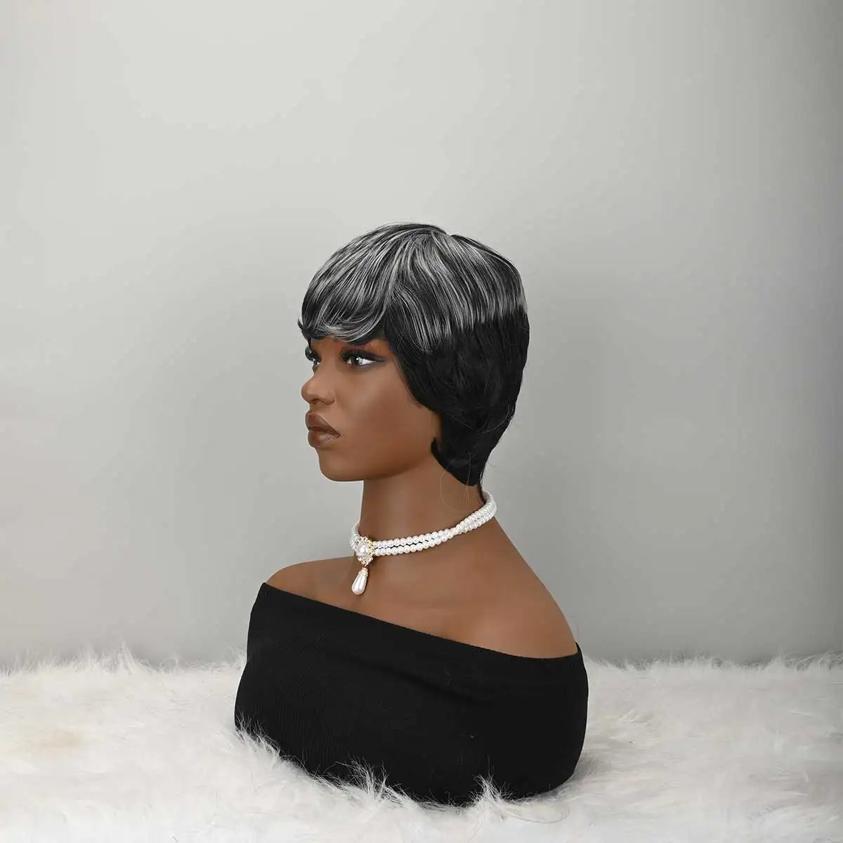 Short Wigs for Women Natural Layered black wigs with Bangs for Women Synthetic Curly Pixie Wigs Short Hair for Women Heat Resistant Fiber Wig for Daily Use (Grey Mixd Black)