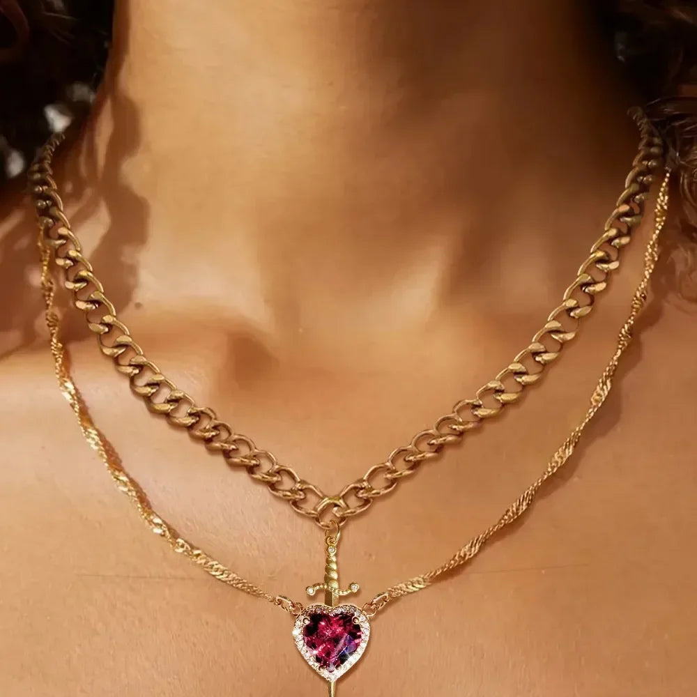 Collar de corazón y espada Collares para parejas Anillo de cristal de circonita Pulsera Conjunto de joyas para regalos románticos del Día de San Valentín