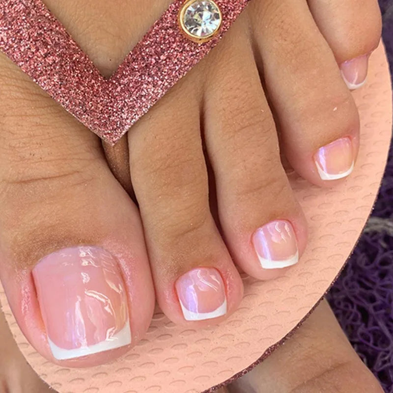 Lot de 24 faux ongles français pour pieds, dégradé rose, couverture complète, courts et carrés, pour femmes et filles