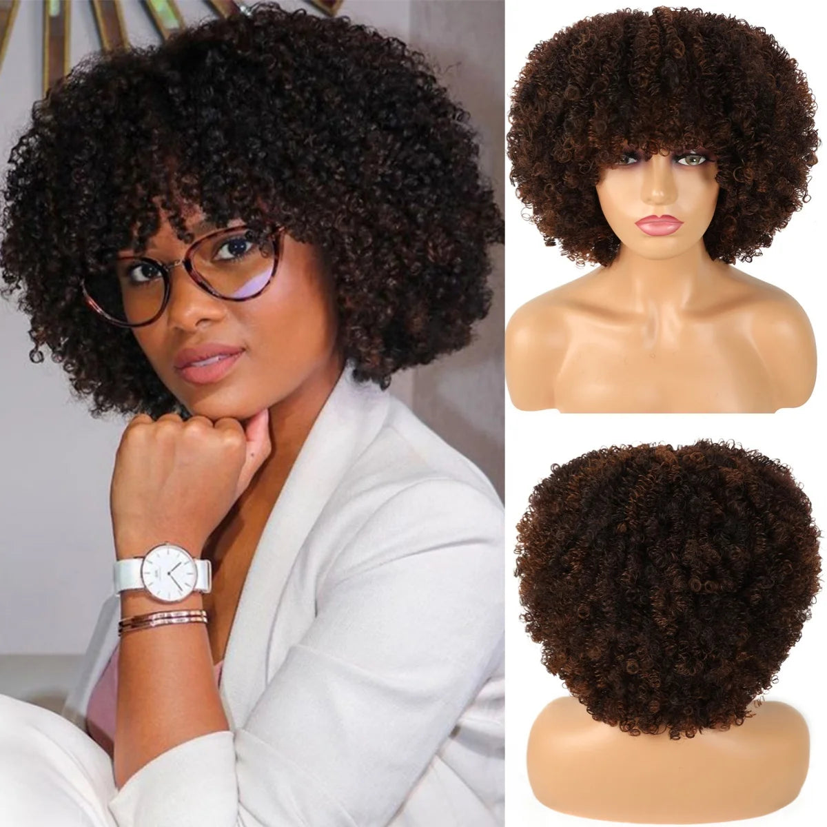 Synthetic Afro Kinky Curly Hair Wigs With Bangs Soft Fluffy Fiber Cheap Machine Made Wig For Women Party Cosplay Daily Use