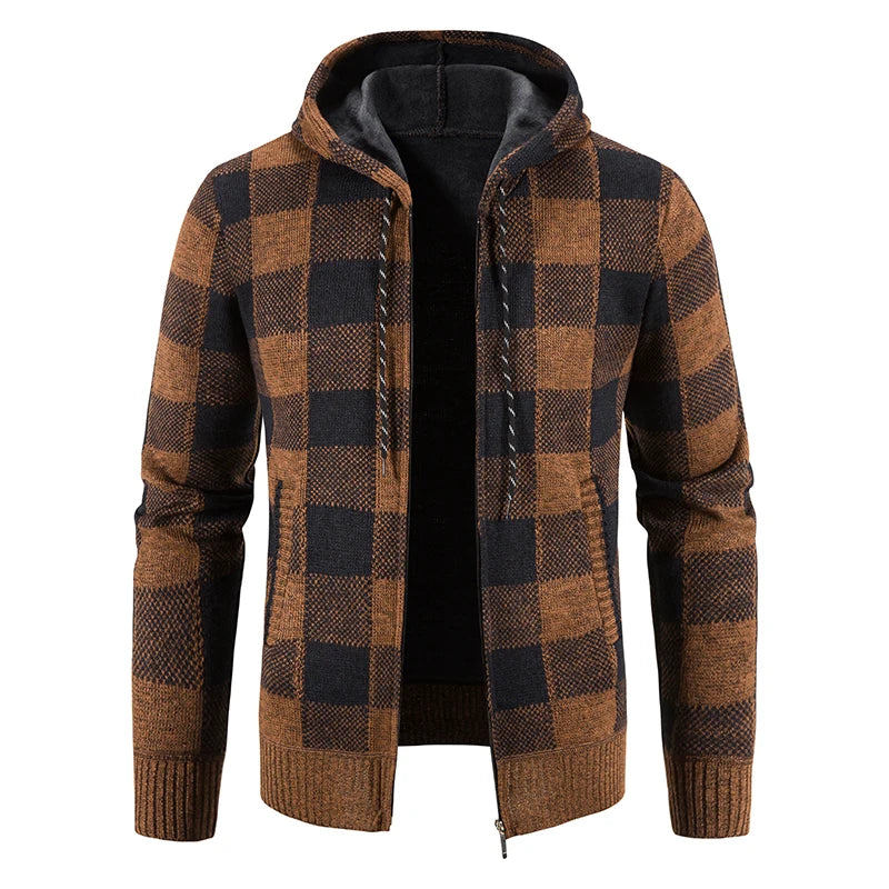 Chaqueta a cuadros nueva para hombre, suéter con capucha, forro polar de otoño e invierno, ropa informal gruesa y cálida, cortavientos para el frío