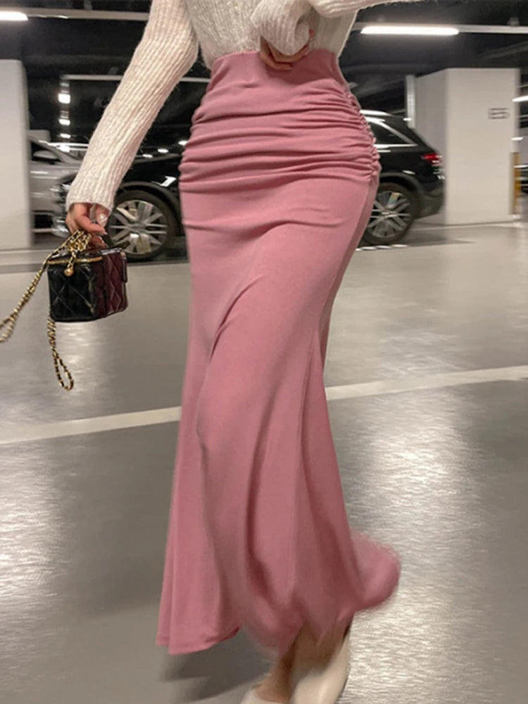 Faldas de satén fruncidas para mujer Falda de cintura alta para mujer Faldas elegantes línea A Falda midi rosa de verano Nuevo estilo coreano
