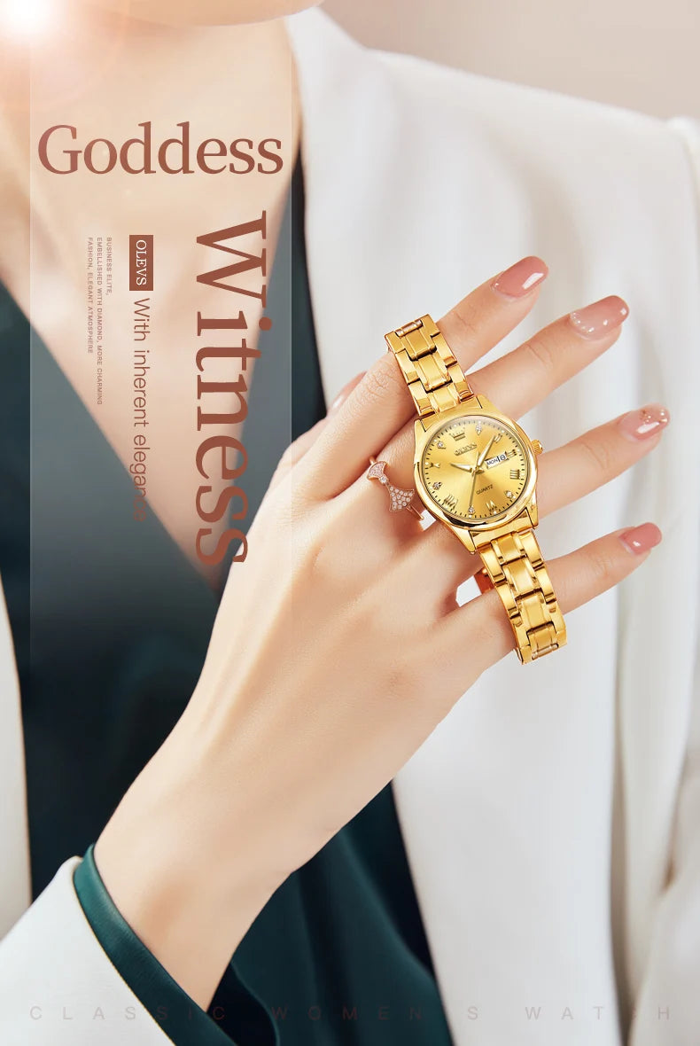 OLEVS Reloj de pulsera para mujer, relojes originales para mujer, de acero inoxidable impermeable, de lujo, de cuarzo, reloj de pulsera para mujer, dorado, Reloj Hombre
