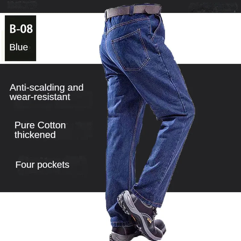 Peto pantalón ropa de hombre pantalones resistentes al desgaste anti-escaldaduras engrosamiento algodón ropa de trabajo de mezclilla pantalones de trabajo múltiples bolsillos