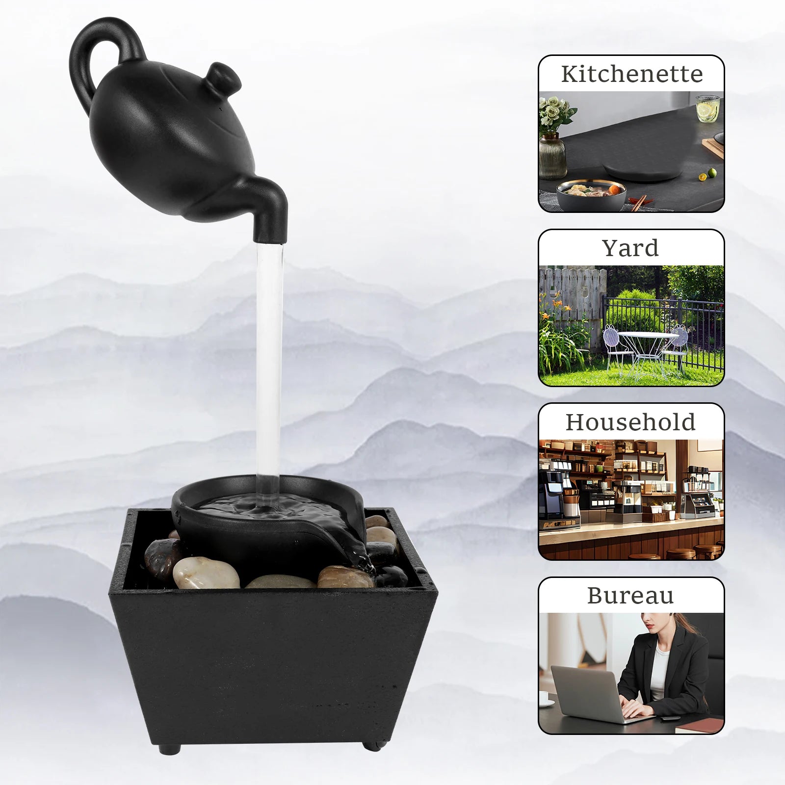 Fontaine de table, petite fontaine cascade, décoration de bureau avec lumière et galets, alimentée par USB, son relaxant, fontaine décorative