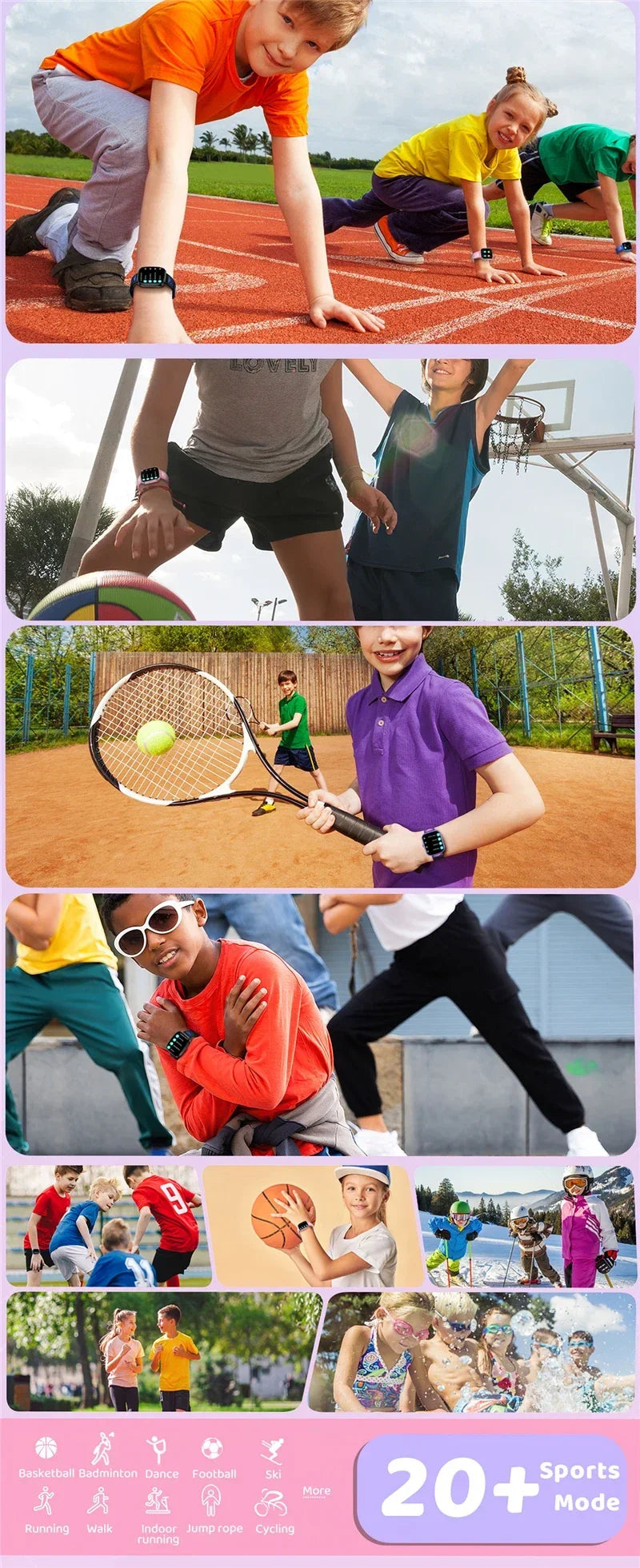 Montre connectée pour enfants, écran tactile HD, fréquence cardiaque, jeux, musique, cadeau pour garçons et filles, pour iOS et Android