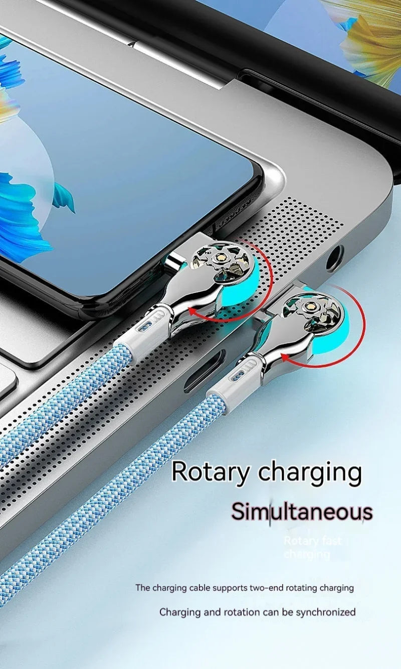 Cable de carga rápida con rotación dual de 180° Tipo C Micro USB Cargador con luz Aleación de zinc Cable de datos trenzado para Android iPhone