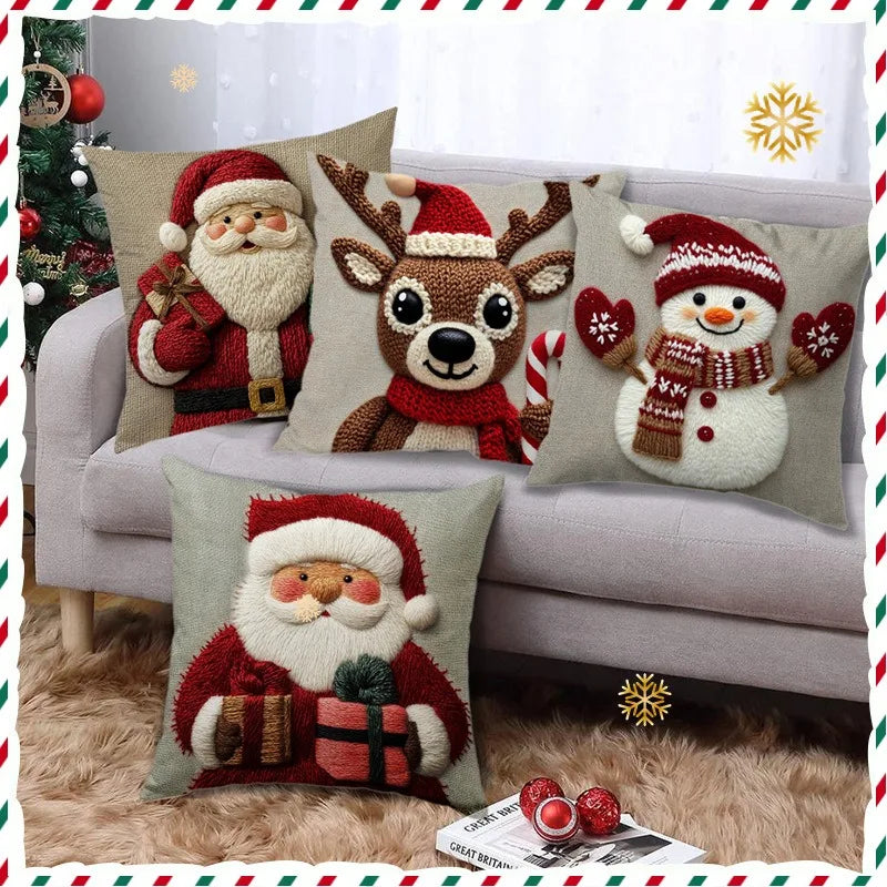 Funda de almohada navideña – Diseño de Papá Noel, muñeco de nieve y alce
