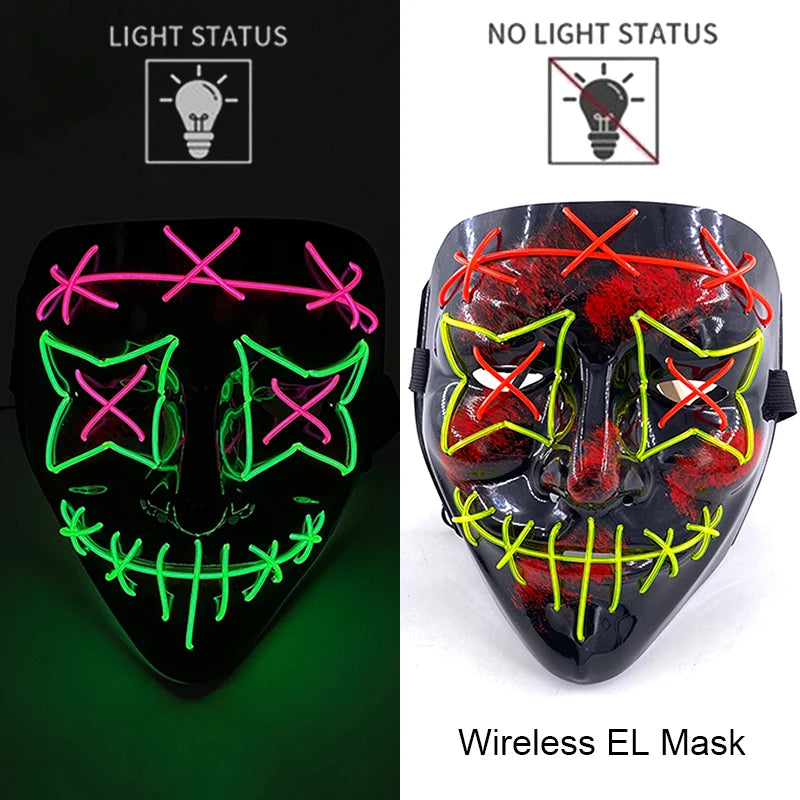 Máscara de purga LED de neón inalámbrica, que brilla en la oscuridad, máscara de cosplay de terror para Halloween, máscaras de fiesta de disfraces, accesorios luminosos divertidos