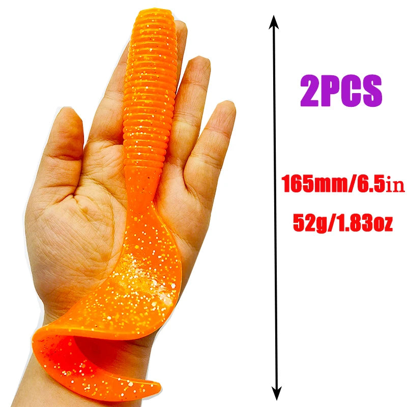 2 unidades de señuelos de pesca de 165 mm/6,5 pulgadas/52 g, señuelos artificiales blandos, equipo de pesca con cola de lubina