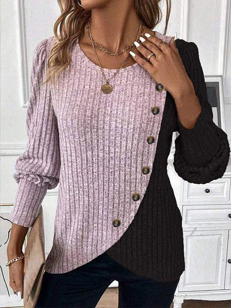 Jersey de otoño de manga larga con botones y rayas para mujer, jerséis de punto con cuello redondo, manga larga, colores en contraste, ropa de punto suelta y sencilla