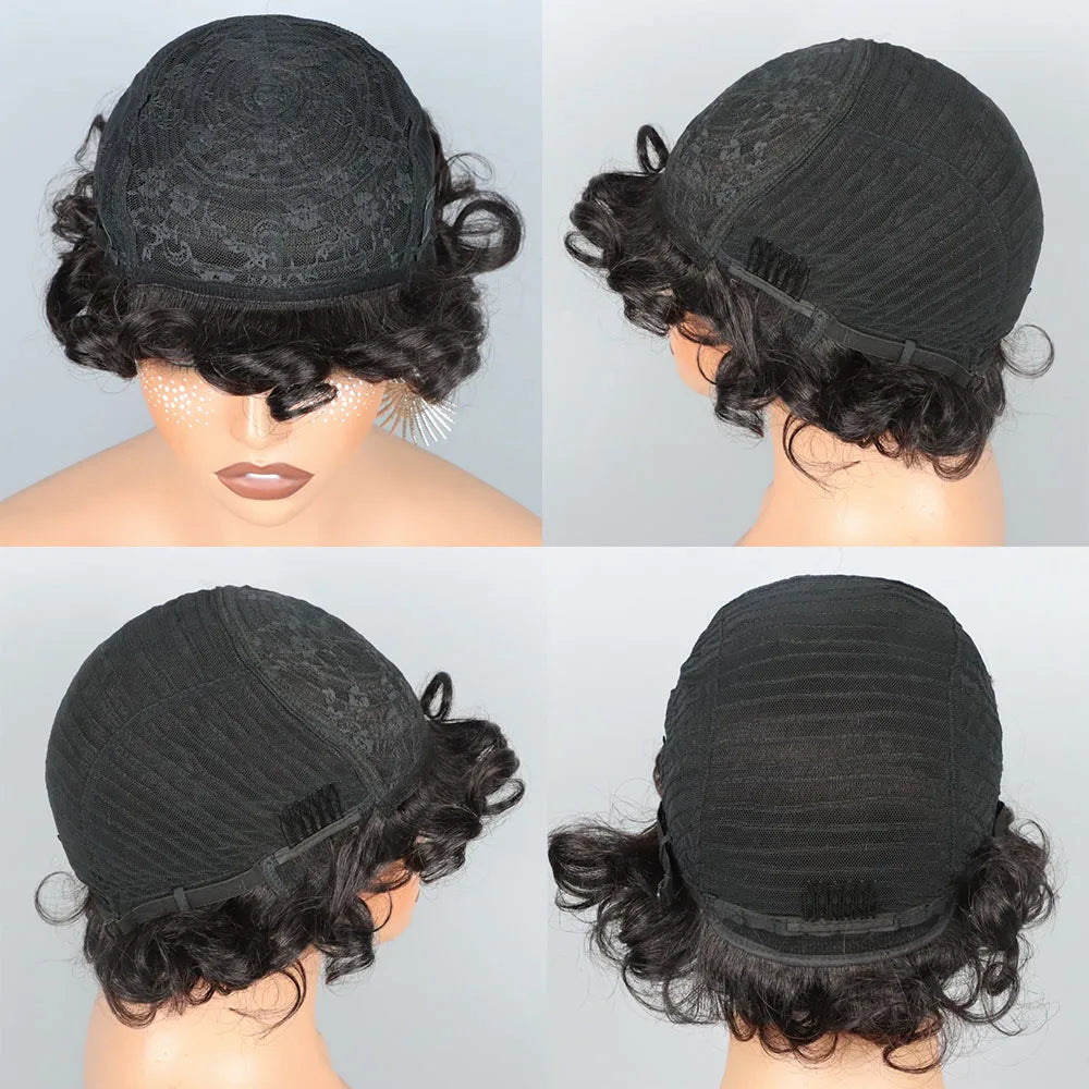 Short Layered Pixie Cut Curly Wigs With Bangs Human Hair Wigs For Black Women Short Curly Pixie Cut Wig Human Hair Machine Made