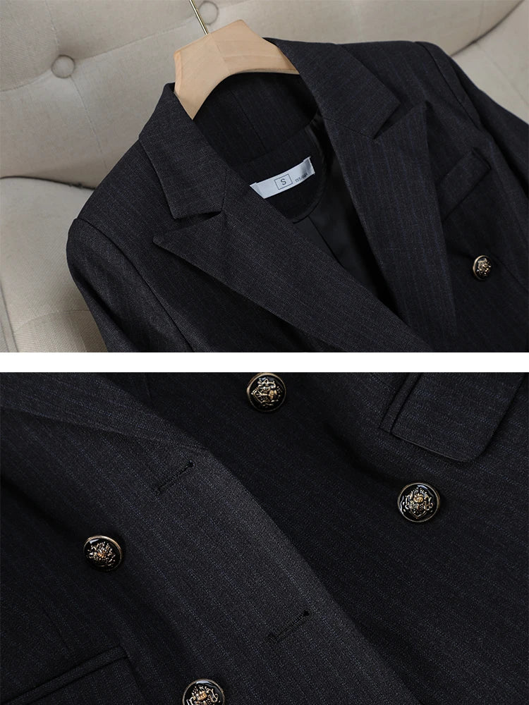 Traje de pantalón para mujer, para oficina, trabajo, conjunto de 2 piezas, blazer formal a rayas negras y azules y pantalón