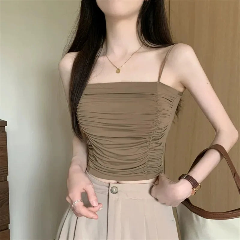 Camisetas sin mangas para mujer, tops sexys, tops de tubo para niñas con tirantes, camisola blanca para mujer, sujetadores acolchados, ropa de mujer, corsé.