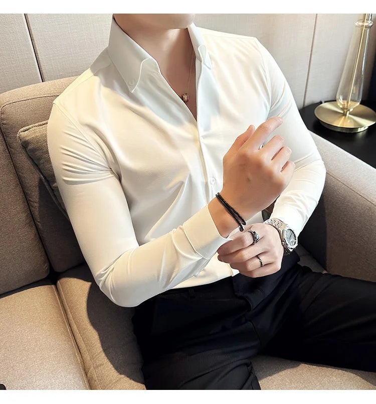 Camisa de vestir de hombre Otoño Estilo británico Liso Casual Ajustado Formal Camisas Cuello en V Manga Larga Camisa Ropa de hombre Streetwear