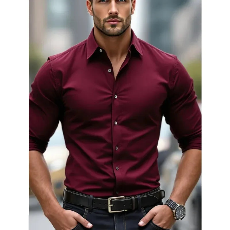 Men's Shirt Brand New Solid Color Long Sleeve Smart Casual Four Season Elastic Male Business Shirts