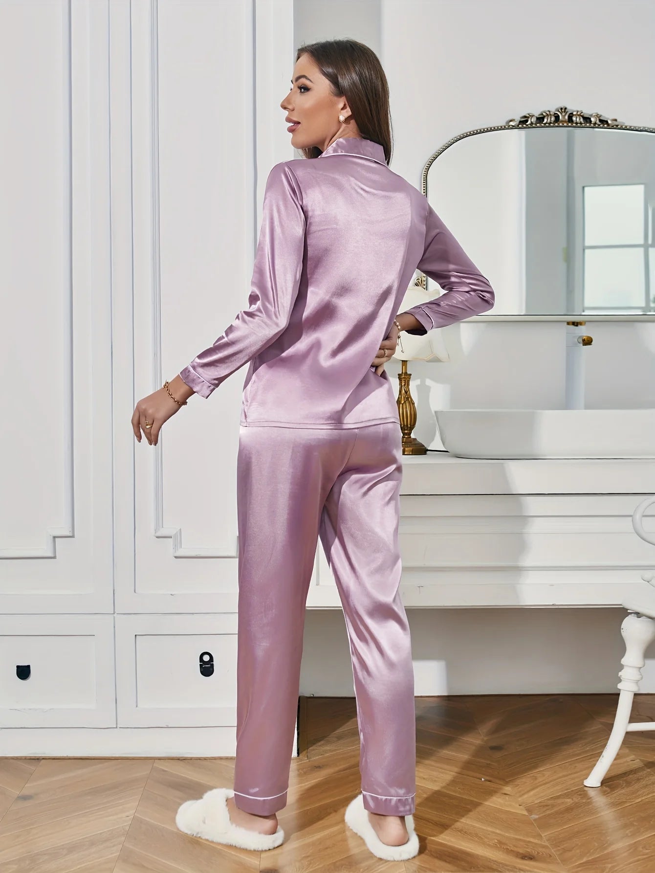 Conjunto de pijama liso de manga larga con botones y cuello tipo solapa, top y pantalones, conjunto de ropa de dormir y de estar para mujer