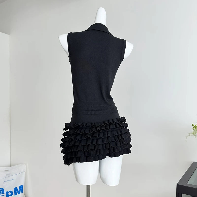 2 Two-Piece Knitted Skirt Sets Stylish Sleeveless Tank Tops and High Waist Layered Mini Skirts Black White Outfits Women Suits