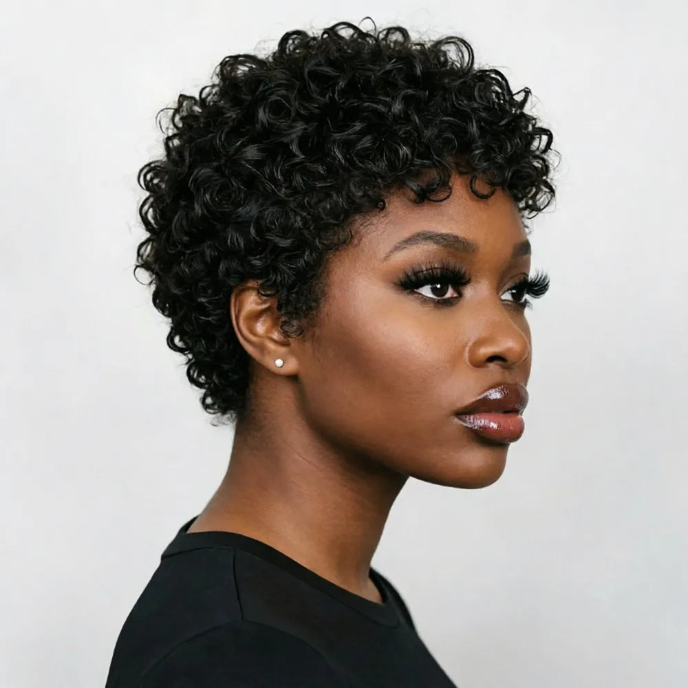 pixie cut wig short afro curly human hair wig for women daily party use wig machine made pixie wig black color